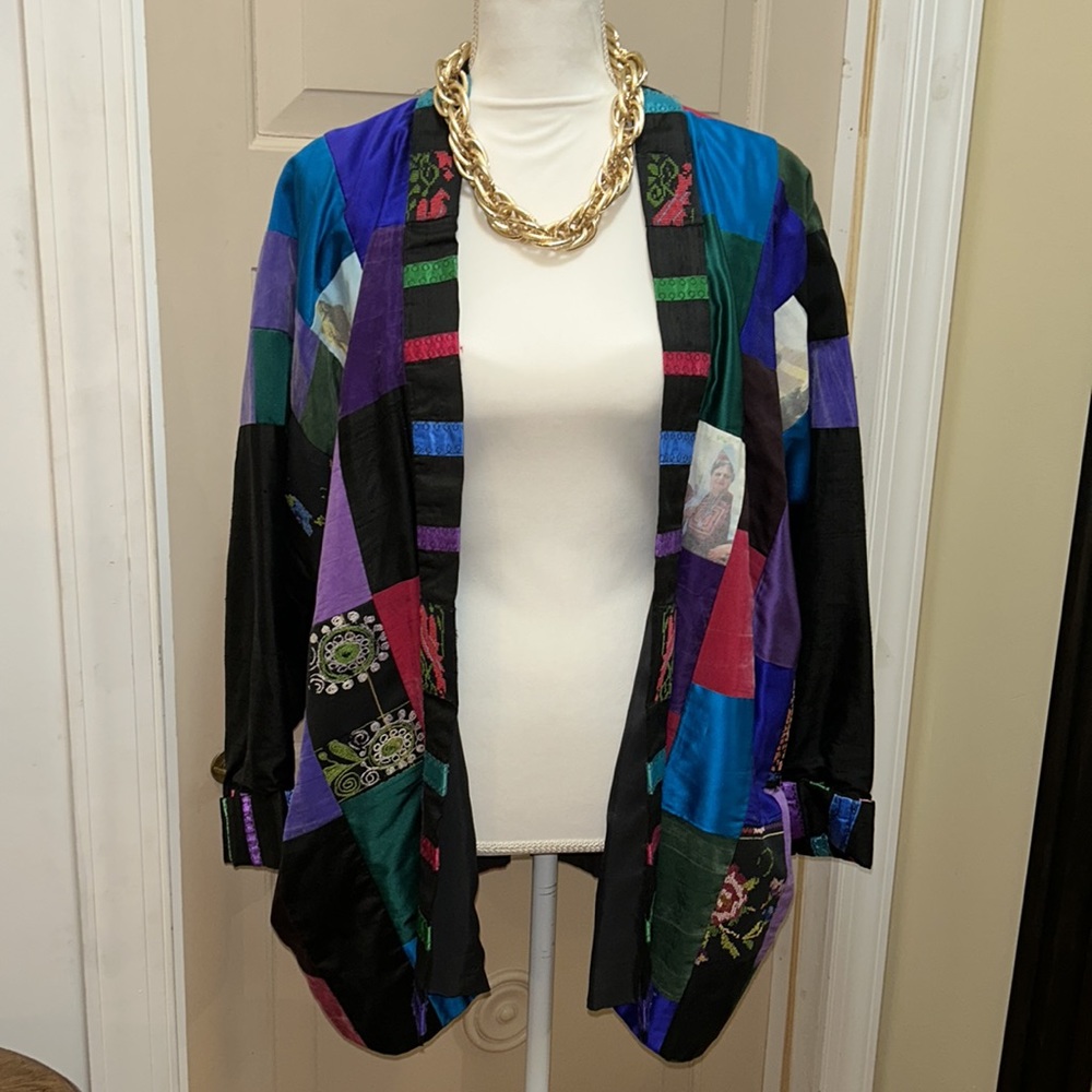 VINTAGE 80s Awesome patchwork Technicolor KIMONO jacket with pockets